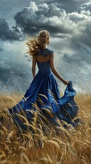 Elegant figure in a sapphire dress walks through a meadow, her hair flowing in the wind, under cloudy skies 3d illustration