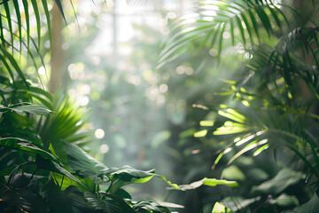 Naklejka premium A dense cluster of tropical leaves with sunlight filtering through, in a vibrant forest.