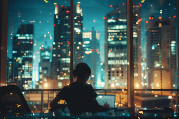 An entrepreneur working late into the night, the glow of the city skyline behind them through a...