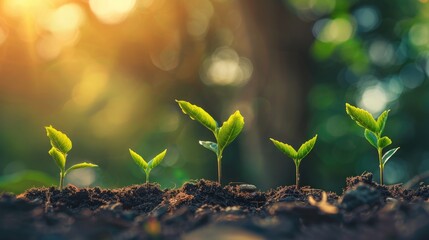 Close-up view of several young seedlings emerging from the soil,symbolizing the growth and progress of successful capital strategies The vibrant green leaves and lush foliage - obrazy, fototapety, plakaty