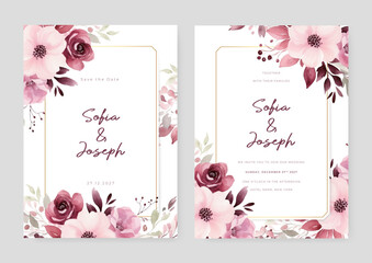 Purple violet and pink rose and poppy floral wedding invitation card template set with flowers frame decoration