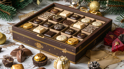 Luxury chocolate box, opulently adorned, set against the glittering backdrop of a New Year's Eve gala, where elegance and celebration converge