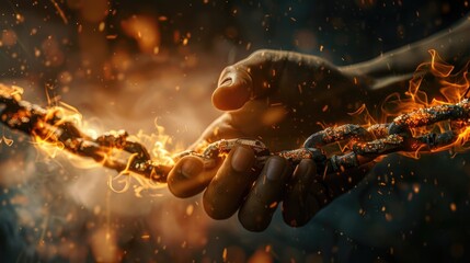 Breaking free, hands part a chain engulfed in flames, sparks highlight the power of freedom 3d illustration - obrazy, fototapety, plakaty