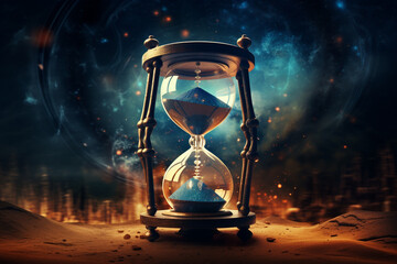 States of mind, technology and fantasy concept. Abstract and symbolic interpretation of time machine. Sand clock in surreal fantasy background - obrazy, fototapety, plakaty