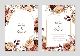 Beige rose luxury wedding invitation with golden line art flower and botanical leaves, shapes, watercolor