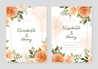 Peach rose elegant wedding invitation card template with watercolor floral and leaves