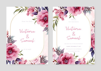 Pink peony set of wedding invitation template with shapes and flower floral border
