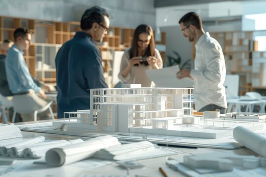 Architects in a creative office session with blueprints spread out and a model building in the center 3d illustration