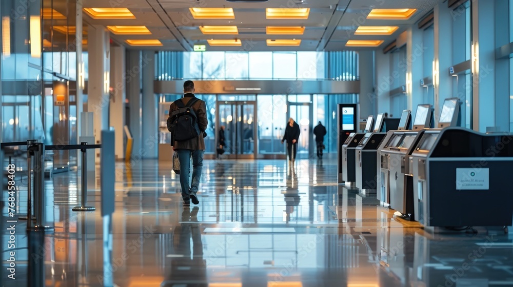 Poster modern and well-designed banking hall,where a banking transaction is being securely executed the hal