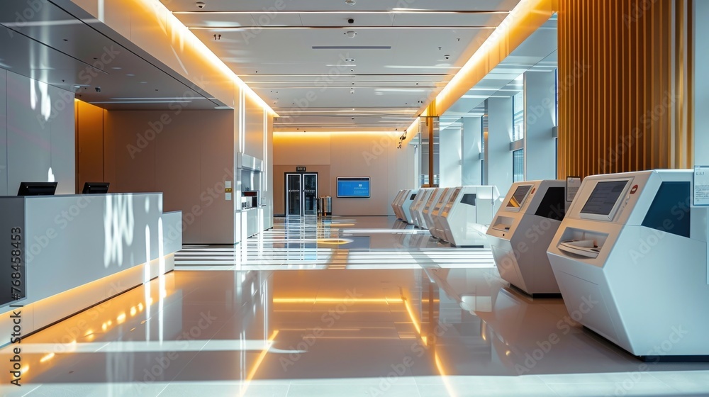 Poster modern and well-designed banking hall,where a banking transaction is being securely executed the hal