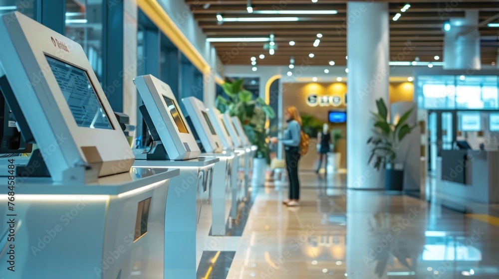 Poster modern and well-designed banking hall,where a banking transaction is being securely executed the hal