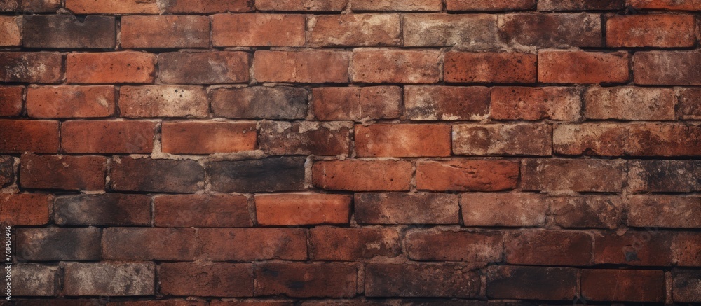 Poster close up view of an aged brick wall showing extensive rust and weathering, creating an industrial an