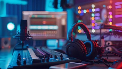 Explore a vibrant, 3D-animated interior of a music and podcast recording studio. Engage with detailed scientific illustrations for immersive learning experiences.