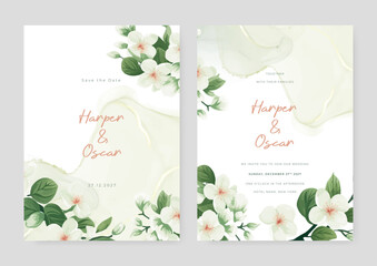 White orchid luxury wedding invitation with golden line art flower and botanical leaves, shapes, watercolor