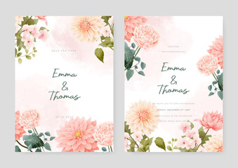 Pink chrysanthemum beautiful wedding invitation card template set with flowers and floral