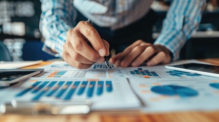 Investor or financial professional closely examining various charts,graphs,and reports on a desk They appear to be analyzing data and considering different investment options