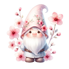 A cute gnome with cherry blossoms in a soft color watercolor style. PNG, 300 dpi