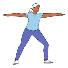 .illustration of an old woman in warrior yoga pose