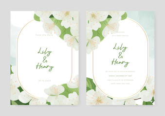 White orchid vector wedding invitation card set template with flowers and leaves watercolor