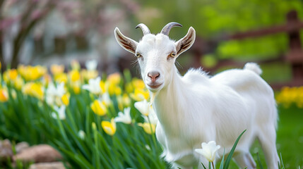 White goat in blooming flowers.