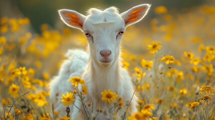 Naklejka premium White goat in blooming flowers.