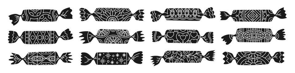 Wrapped candy with linear ornament. Caramel bonbon lollipop chocolate, engraving doodle sweets snack set. Tasty dessert food childish celebration. Wrapped caramel candy stamp stain vector illustration