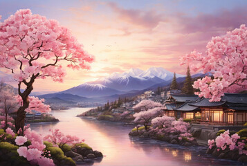 Beautiful cherry blossom garden at sunset, mountains, river and japan style houses on background - obrazy, fototapety, plakaty
