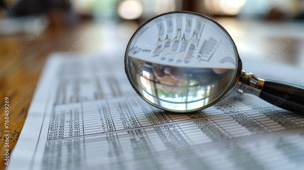 Poster depicts a detailed financial audit in progress. a magnifying glass is focused on financial documents