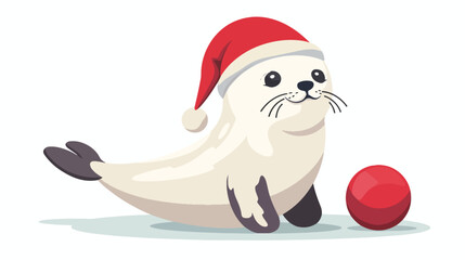 Cartoon Santa seal with ball over white background flat