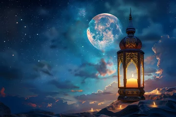 Foto op Plexiglas Ramadan lantern with crescent moon on night sky background © ELmahdi-AI