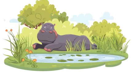 Poster cartoon scene with hippopotamus hippo swimming in river © Nobel