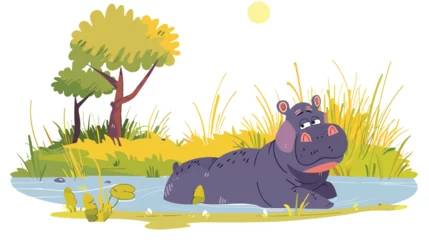Fotobehang cartoon scene with hippopotamus hippo swimming in river © Nobel