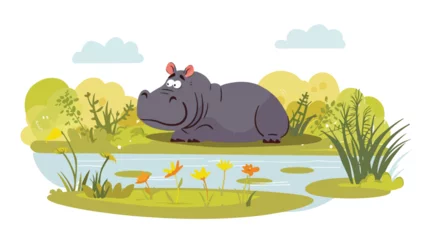 Stoff pro Meter cartoon scene with hippopotamus hippo swimming in river © Nobel
