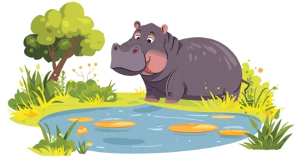 Zelfklevend Fotobehang cartoon scene with hippopotamus hippo swimming in river © Nobel