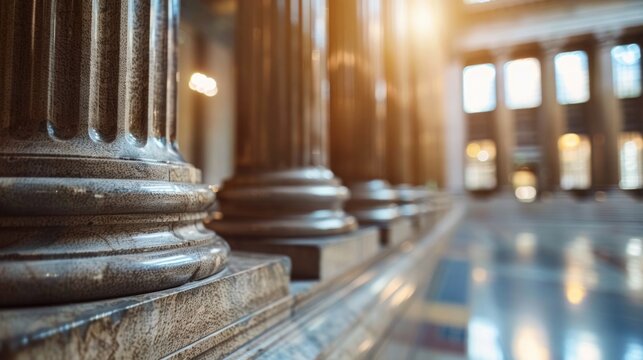 Grand and ornate interior of a prestigious banking institution,with towering columns,intricate marble patterns,and a harmonious symmetrical design The space exudes a sense