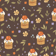 Seamless pattern with hand-drawn Easter cakes, flowers and leaves. Printing on fabric wrapping paper. - obrazy, fototapety, plakaty