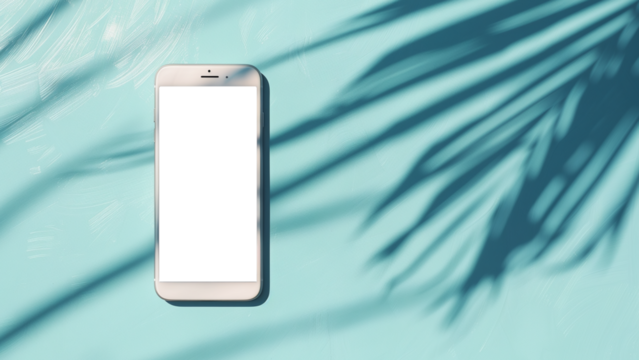 Smartphone with a transparent screen with the shadow of palm leaves isolated on a light blue background.