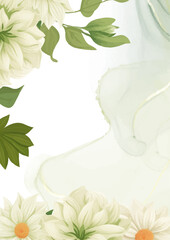 Green and white elegant watercolor background with flora and flower