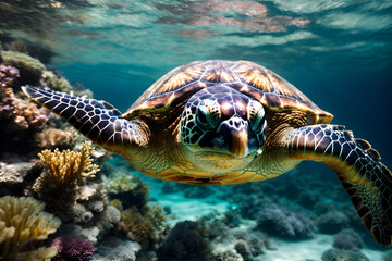 Obraz premium A close up of a sea turtle swimming undersea