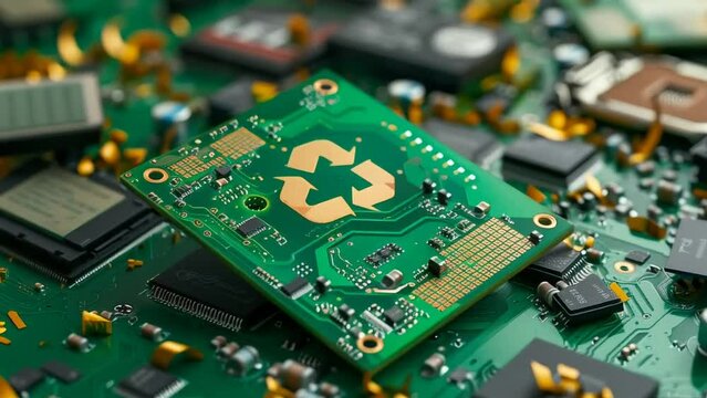 An electronic microchip with a recycling symbol, representing recycling and reuse in the electronics industry for sustainable and eco-friendly future