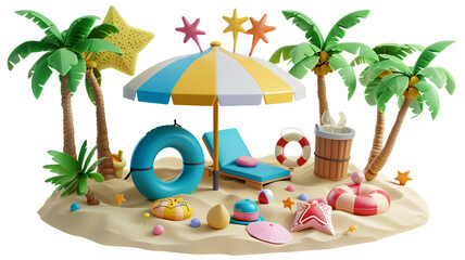 3d render of summertime background with sand beach concept isolated on transparent background