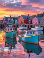 Peaceful harbor scene with fishing boats moored under a sky painted with the warm hues of sunset