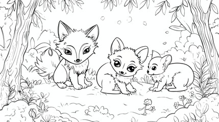 Coloring pages. Wild animals. Little cute baby foxes 