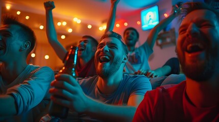 Enthusiastic Friends Celebrating Soccer Victory Under Neon Lights