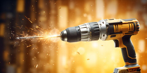 A cordless drill being used to make a hole in a wood table with golden light background
