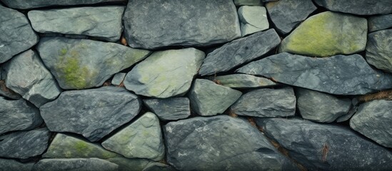 Fototapeta premium A detailed shot showcasing a stone wall with vibrant moss growing on it, highlighting the intricate patterns and textures of the building material