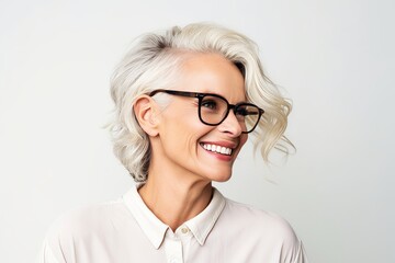 Portrait of a smiling businesswoman in eyeglasses on grey background
