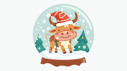 Cute bull in snow globe. Cute christmas cartoon illustration