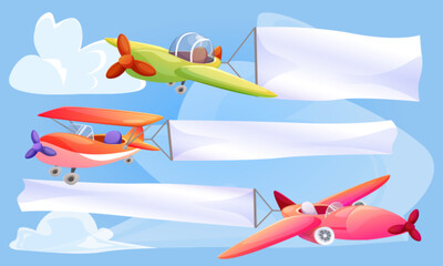 Plane with white empty banner for text on blue sky background with clouds. Cartoon vector set of cute childish aircraft and biplane with propeller pulling blank ribbon or flag for message sign.