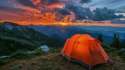  In the heart of the mountains, a camping site is bathed in the soft light of dawn, under a cloudy sky. 